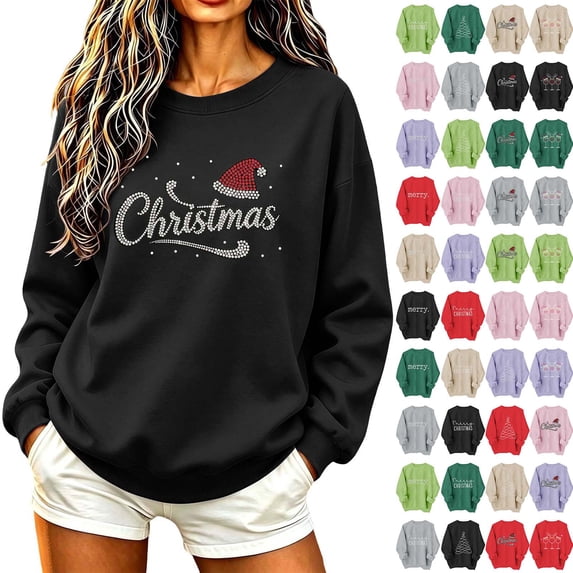 AnuYalue Christmas Sweatshirt for Women Fashion Rhinestone Xmas Sweatshirts Graphic Long Sleeve Pullover