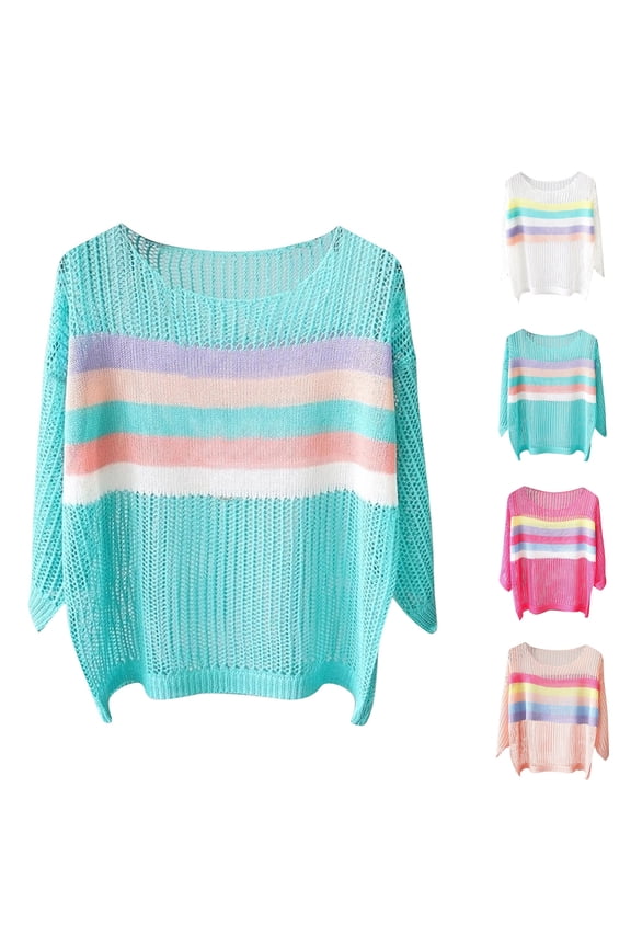 Color Block Sweater Tops for Women Trendy 3/4 Sleeve Knitted Blouse Shirt Casual Loose Crew Neck Pullover