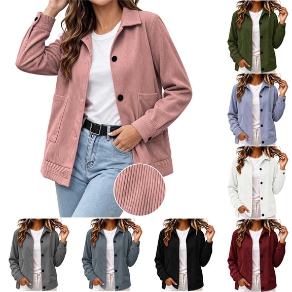 AnuYalue Corduroy Jackets for Women Vintage Button Down Lapel Jacket Casual Long Sleeve Outerwear with Pockets