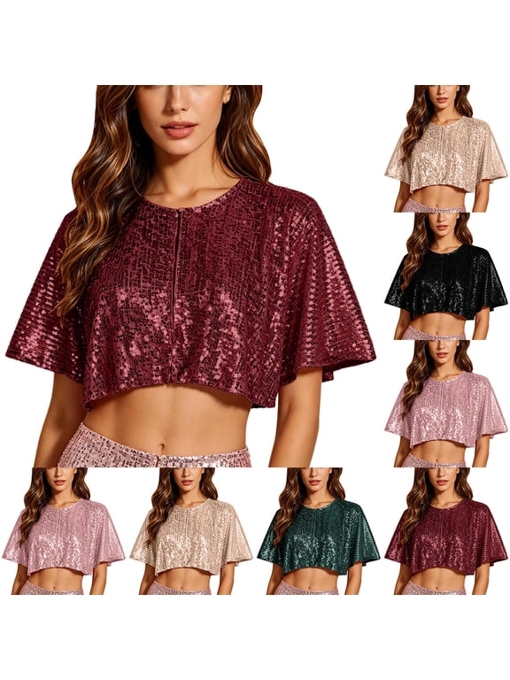 Cropped Sequin Cape for Women Sparkly Capelet Tops with Short Sleeves for Dance Shows Concert Outfits and Evening