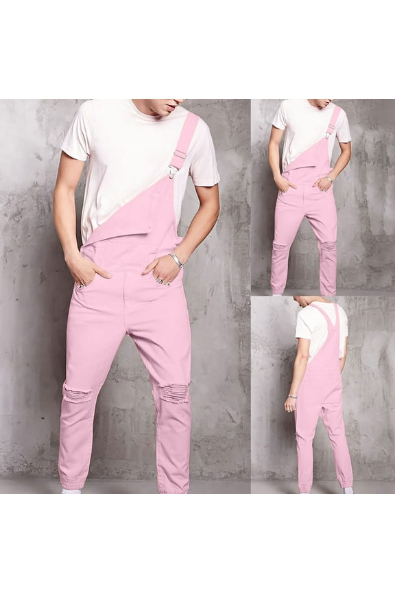 Denim Bib Overalls for Men,Mens Work Overalls Loose Pink Denim Overalls Casual Theme Party Jean Jumpsuit with Pockets