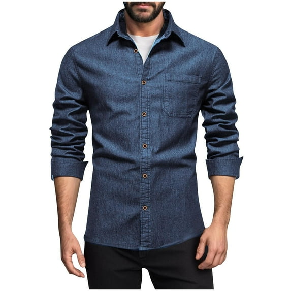 AnuYalue Denim Shirt for Men Casual Button Down Blouses with Pocket Long Sleeve Western Work Shirts Soild Color Lapel Tops