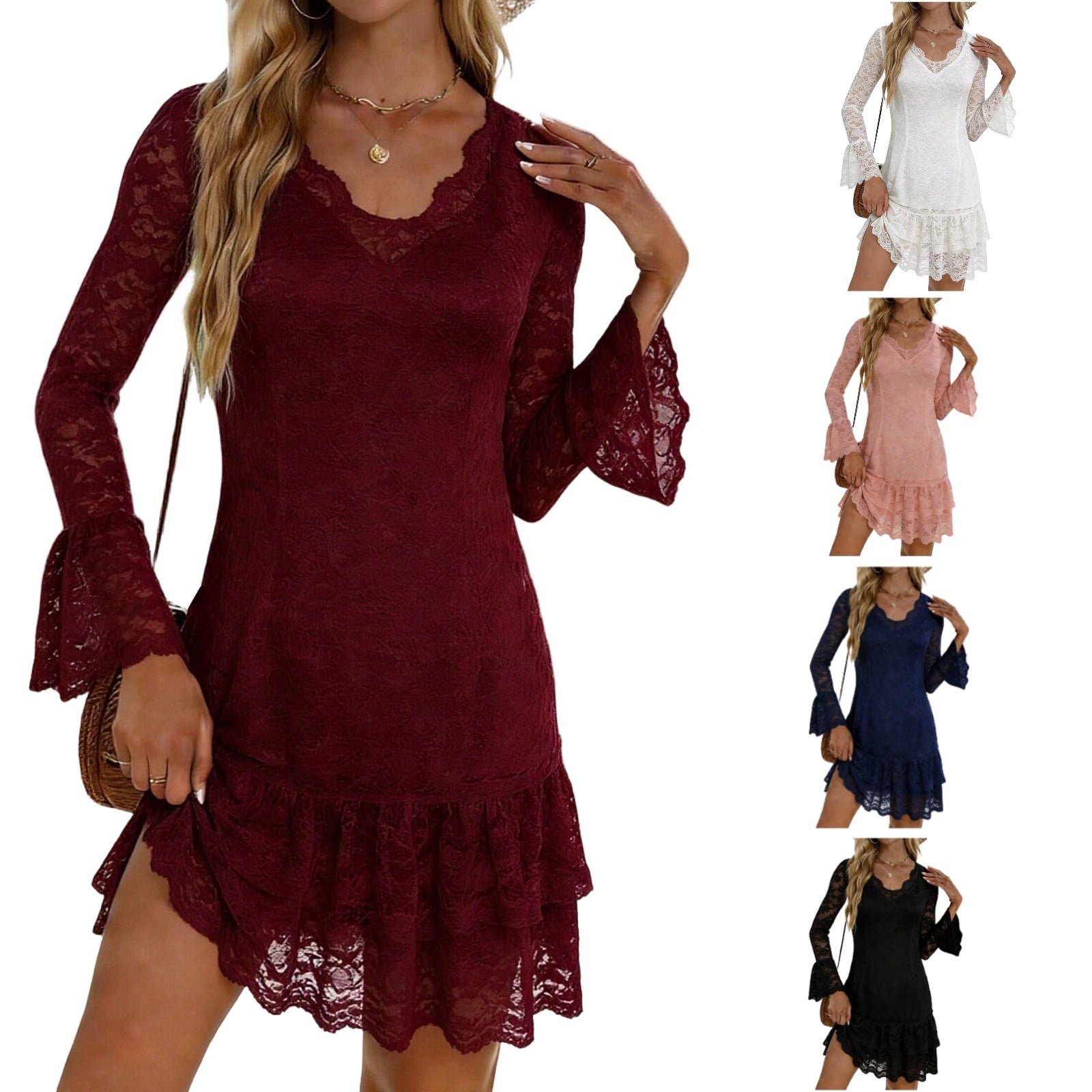 AnuYalue Elegant Lace Ruffle Mini Dress for Women Long Sleeve V Neck ...