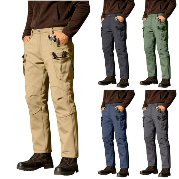 AnuYalue Fleece Cargo Pants for Men Waterproof Lightweight Stretch Pants Work Hiking Pants with Pockets Solid Color Straight Leg Pants