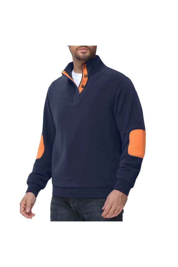 Fleece Sweatshirt Mens Stand Collar 1/4 Button Up Pullover Casual Color Block T-Shirt Long Sleeve Sweatshirts with Elbow Patches