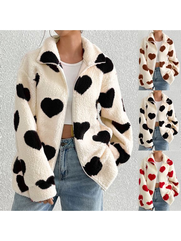 Heart Sherpa Jacket for Women Casual Zip Up Fuzzy Fleece Coats Cute Winter Lapel Long Sleeve Coat with Pockets