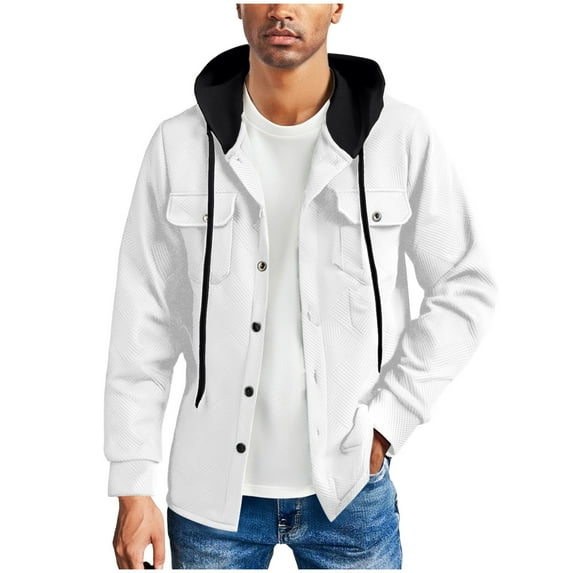 AnuYalue Hooded Jackets for Men Fashion Button Down Outwear Casual Fall Winter Shirt Jacket with Pocket Color Block Long Sleeve Coat