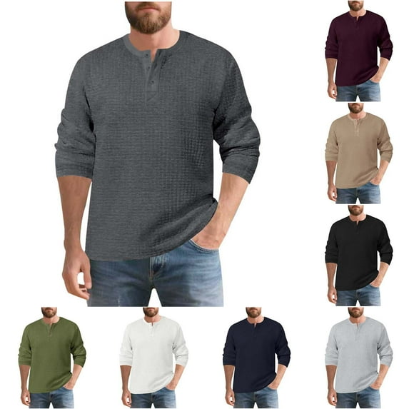 AnuYalue Long Sleeve Henley Shirt for Men Lightweight Crew Neck T-Shirt Button Up Outdoor Sweatshirt Solid Color Tops
