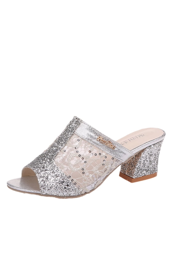 Low Block Chunky Heeled Sandal for Womens Rhinestone dressy Sandals Peep Open Toe Sandals Slip on Pearl Crystal Flat Sandals Mules Comfortable Casual Dress Pumps Shoes