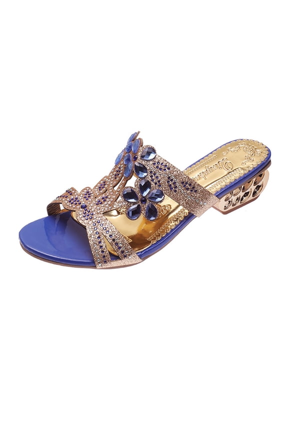 Low Block Heels Crystal Jeweled Sandals - Chunky Heeled Sandals for Women - Open Toe Chunky Heels - Slip on Heeled Sandal Mule- Heels for Party Wedding Dress Shoes