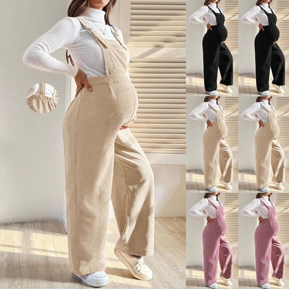 AnuYalue Maternity Corduroy Jumpsuit for Women Elastic Waistband Loose Pregnancy Overalls Adjustable Straps Wide Leg Pants