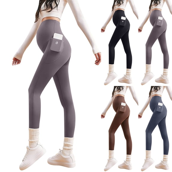 AnuYalue Maternity Leggings for Women Over The Belly Stretchy Yoga Pants Seamless Pregnancy Pants with Pocket