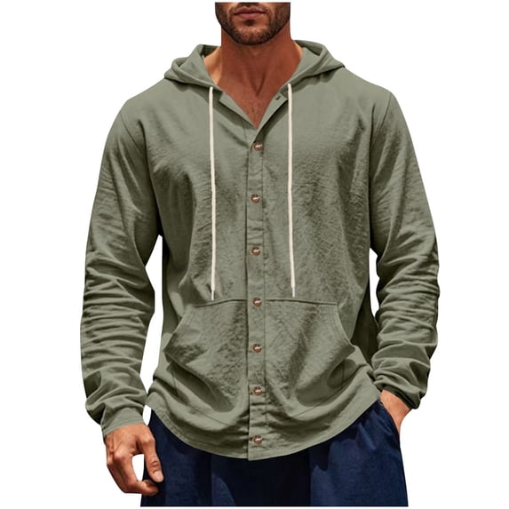 AnuYalue Men Cotton Linen Shirt Leightweight Button Down Hoodies Casual Long Sleeve Sweatshirt Outdoor Beach Hoodie with Pockets