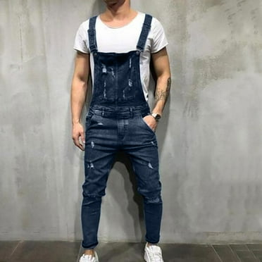 AnuYalue Men Denim Bib Overalls Work Ripped Adjustable Straps Straight Pants Loose Fit Casual Jean Jumpsuit with Pockets