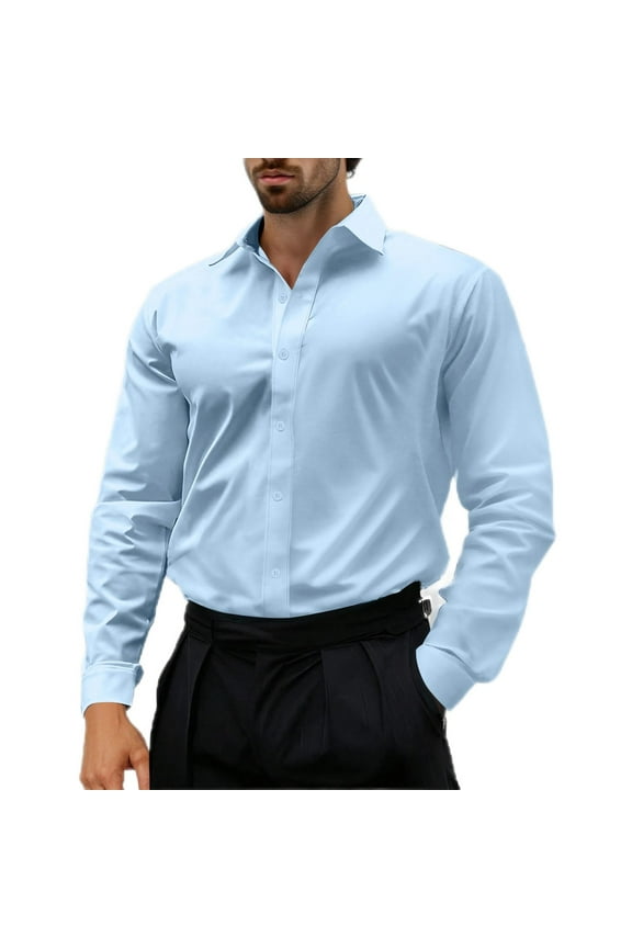 Men Dress Shirt Soild Color Wrinkle Free Business Shirts Casual Long Sleeve Button Down Tshirts Formal Lapel Tops