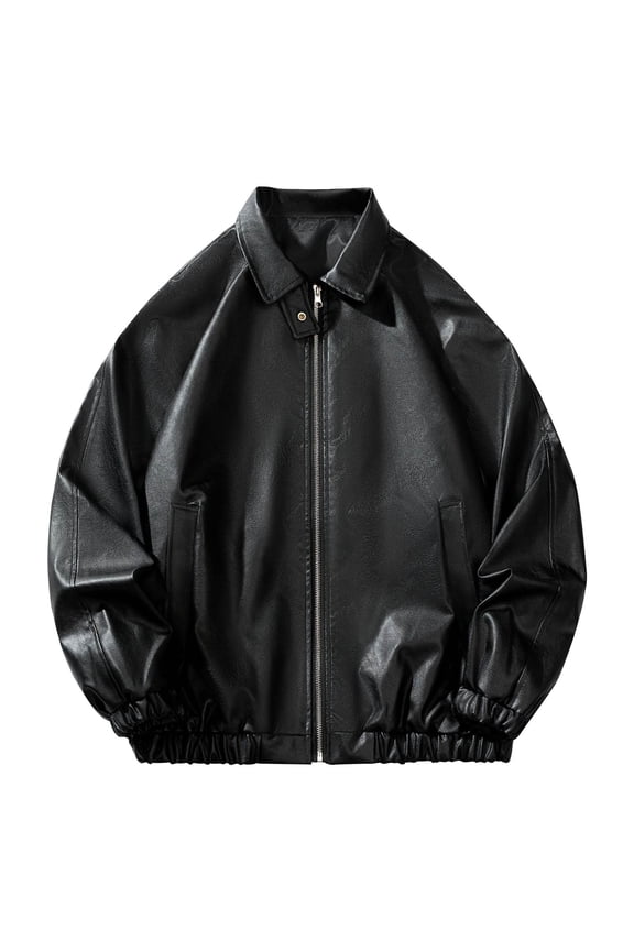 Men's Big and Tall Faux Leather Jacket Zip Up Soild Color Outwear Casual Vintage Bomber Jackets Oversize Long Sleeve Outerwear with Pockets