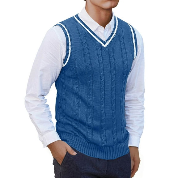 AnuYalue Men's Big and Tall Knitted Vest Casual Fleece V Neck Sleeveless Sweater Classic Fit Fall Striped Waistcoat