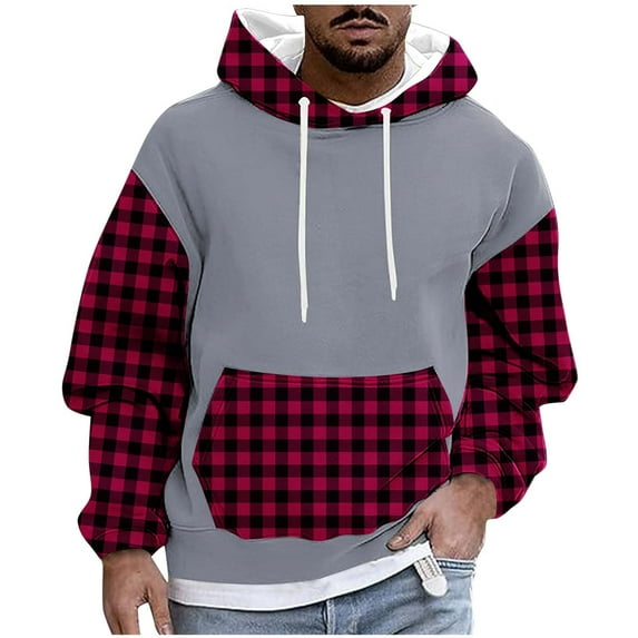 AnuYalue Men's Big and Tall Plaid Graphic Hoodie Casual Long Sleeve Hooded Sweatshirts Outdoor Athletic Pullover Oversize Color Block Hoodies