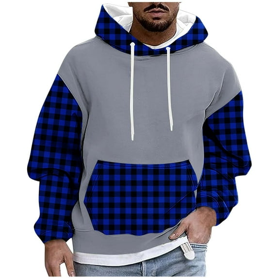 AnuYalue Men's Big and Tall Plaid Graphic Hoodie Casual Long Sleeve Hooded Sweatshirts Outdoor Athletic Pullover Oversize Color Block Hoodies