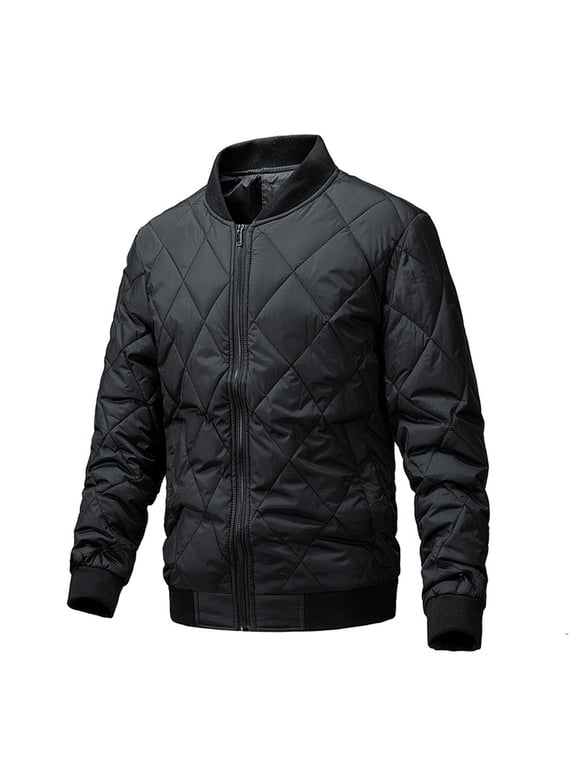 Men's Bomber Jackets Fall Winter Full Zip Quilted Jacket Casual Stand Collar Outerwear Long Sleeve Warm Padded Coat