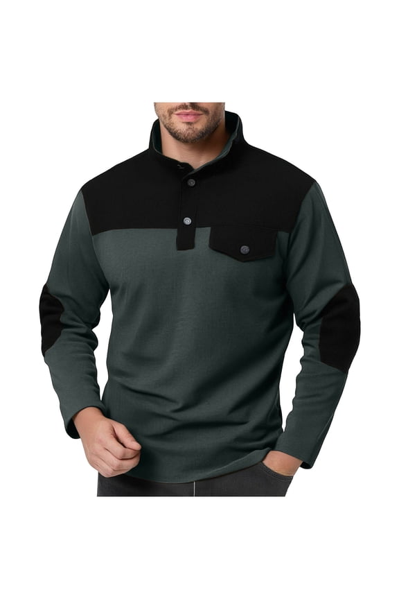 Men's Button Up Sweatshirts Lightweight Mock Neck Pullover Tops Color Block Elbow Patch T-Shirt Fashion Long Sleeve Tee