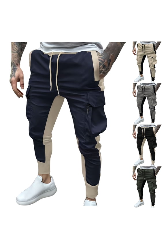 Men's Color Block Cargo Pants Casual Elastic Waist Jogger Sweatpants Stretch Workout Pants Track Pants with Pockets