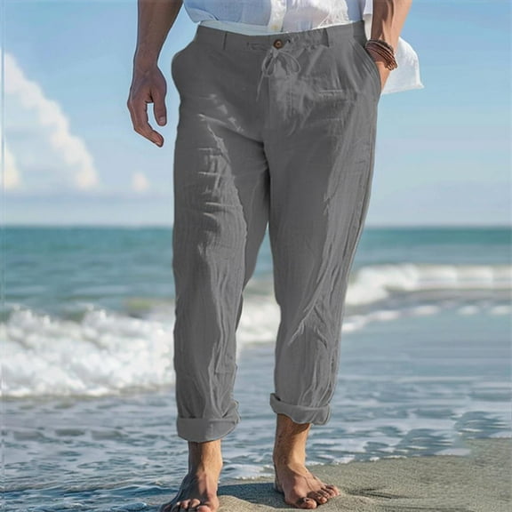 AnuYalue Men's Cotton Linen Pants Drawstring Elastic Waist Straight Legs Sweatpants Lightweight Yoga Athletic Pants