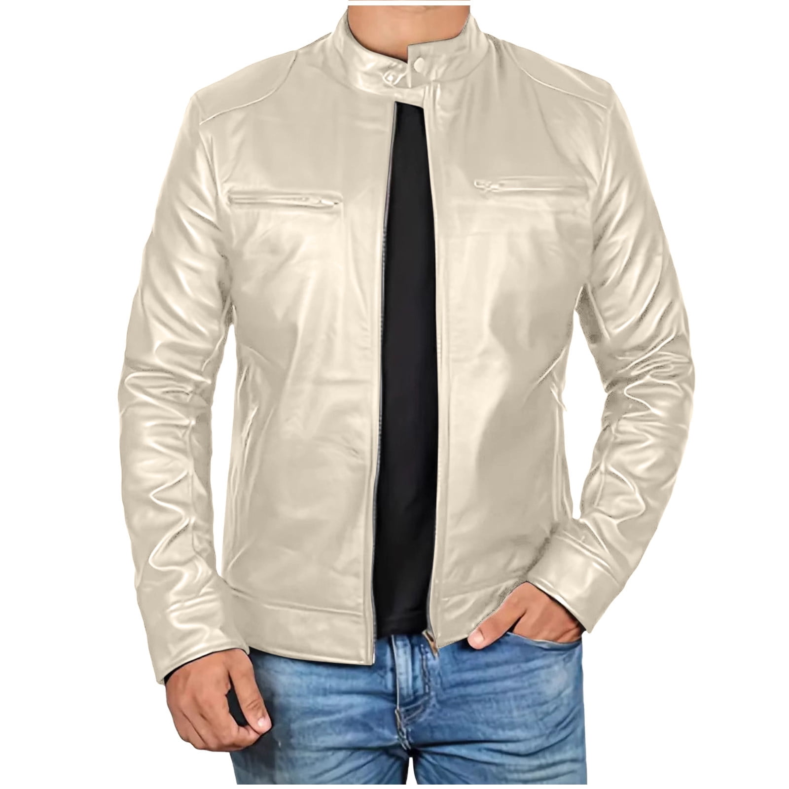 AnuYalue Men's Faux Leather Jacket Big and Tall Stand Collar Motorcycle Jackets Zip Up Outerwear with Pocket Fall Winter Long Sleeve Outwear