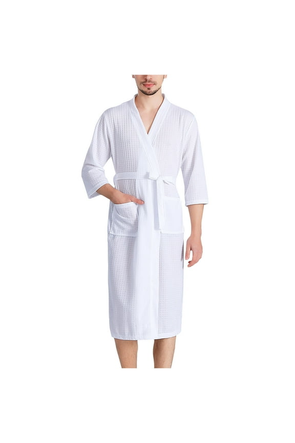 Men's Knee Length Soft Lightweight Waffle Spa Robe Kimono Bathrobe Unisex