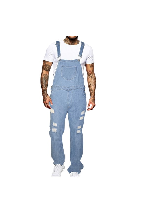 Men's Slim Fit Ripped Denim Distressed Bib Overalls Jumpsuit Jeans Destroyed Jumpsuits Trousers with Adjustable Straps and Convenient Tool Pockets