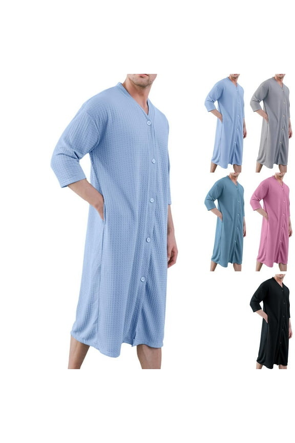 Men's Soft Robe Casual Button Down Nightgown V Neck Comfy 3/4 Sleeve Sleep Shirt Solid Color Nightgowns