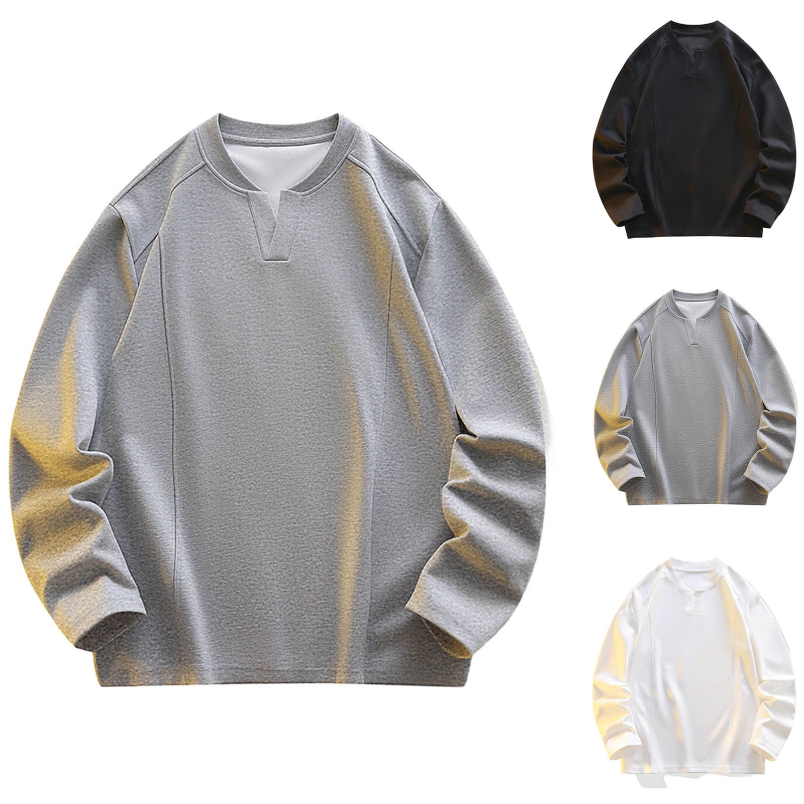 AnuYalue Men's V-Neck Sweatshirt Casual Long Sleeve T-Shirt Solid Color ...