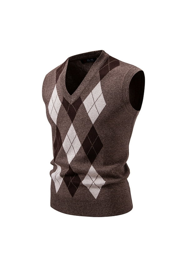Mens Argyle Knitwear Vest Casual Lightweight V Neck Sleeveless Pullover Winter Slim Fit Knitted Sweater