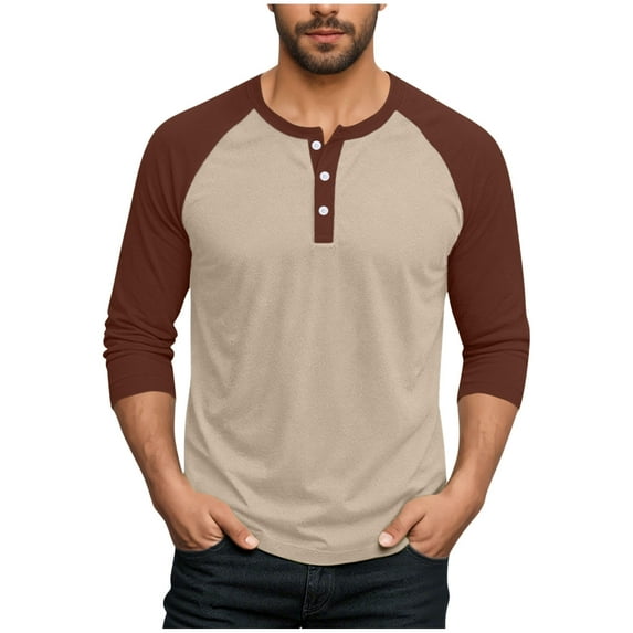 AnuYalue Mens Big and Tall Henley Shirts Lightweight 3/4 Sleeve Baseball T-Shirt Fashion Color Block Tee Fall Winter Athletic Tops