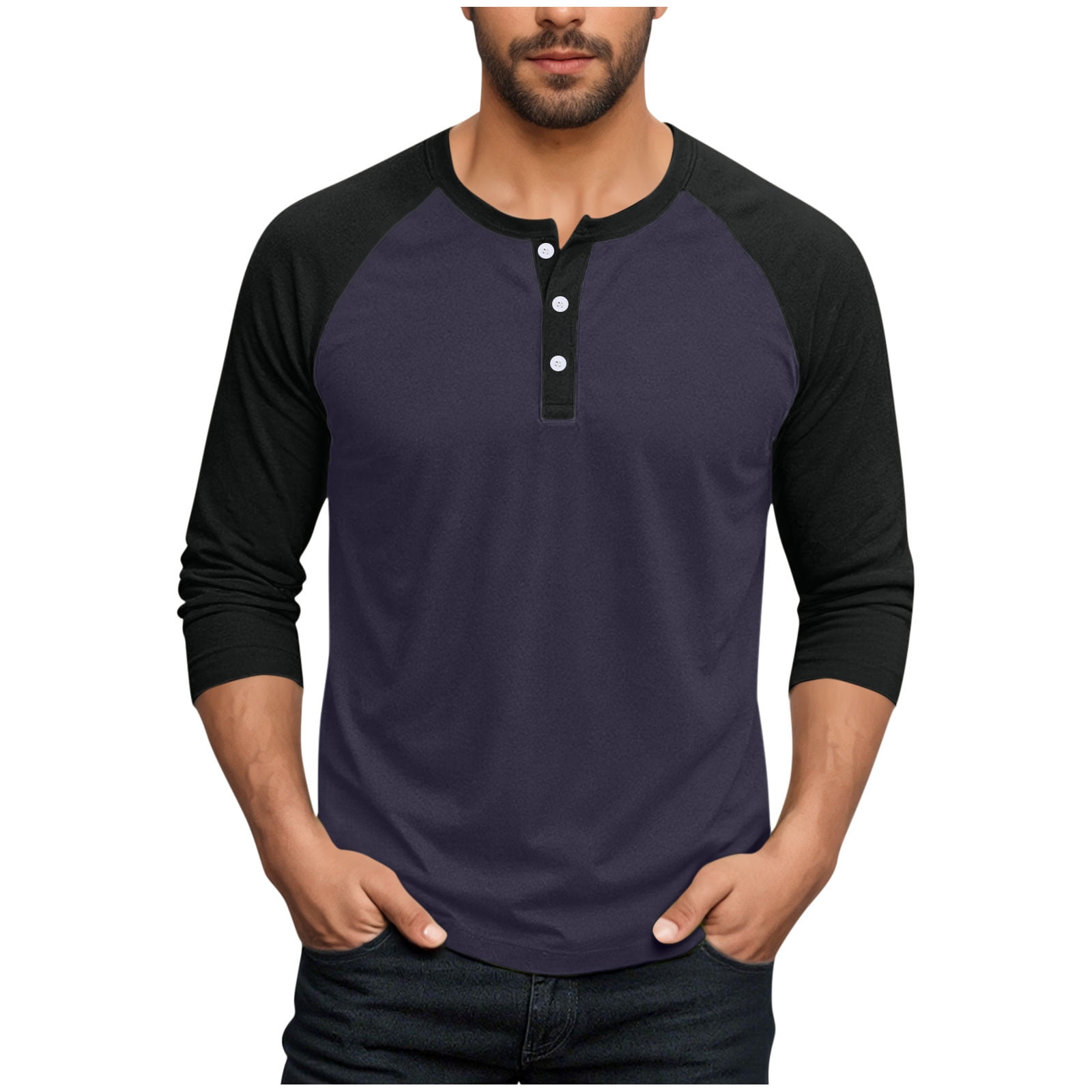 AnuYalue Mens Big and Tall Henley Shirts Lightweight 3/4 Sleeve Baseball T-Shirt Fashion Color Block Tee Fall Winter Athletic Tops