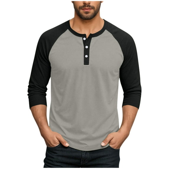 AnuYalue Mens Big and Tall Henley Shirts Lightweight 3/4 Sleeve Baseball T-Shirt Fashion Color Block Tee Fall Winter Athletic Tops