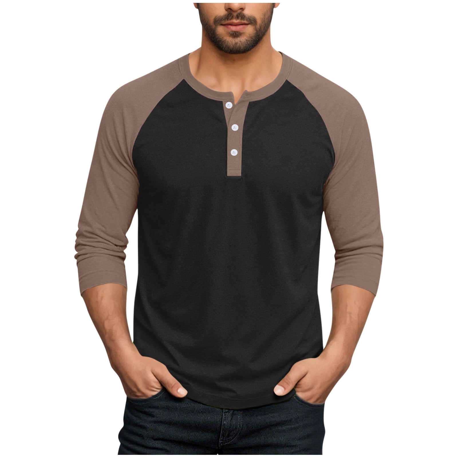 AnuYalue Mens Big and Tall Henley Shirts Lightweight 3/4 Sleeve Baseball T-Shirt Fashion Color Block Tee Fall Winter Athletic Tops