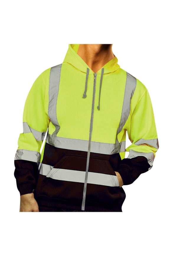 Mens Big and Tall Hooded Sweatshirt High Visibility Reflective Strip Jackets Color Block Safety Work Windbreakers