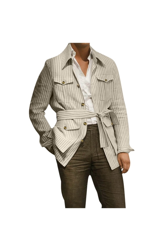 Mens Big and Tall Jacket Fashion Striped Belt Shirts Button Down Long Sleeve Shirts Casual Single Breasted Sport Coat