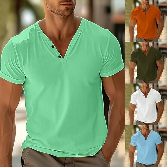 AnuYalue Mens Henley Shirt V Neck Short Sleeve Tee Casual Button Up T Shirt for Work Summer Breathable Shirts