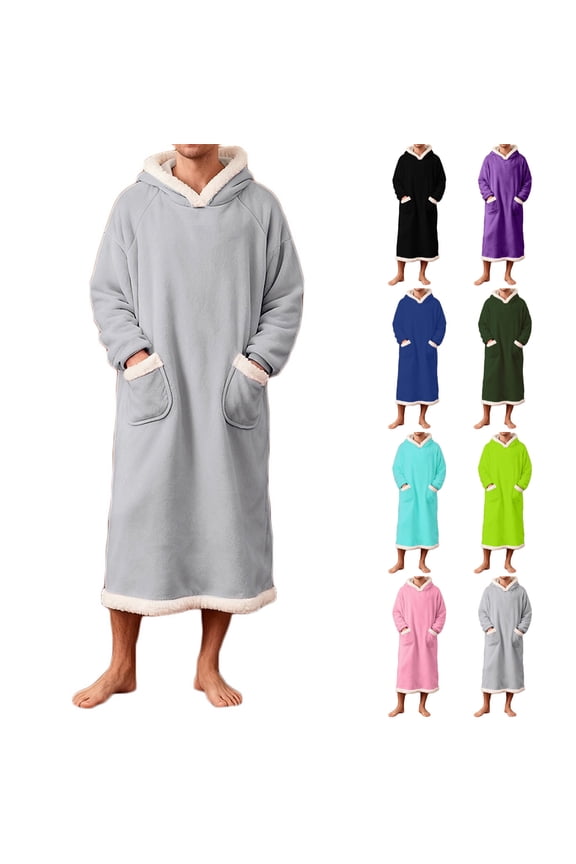 Mens Hooded Bathrobe Winter Warm Fleece Lined Sleep Gowns Soft Flannel Nightgown Long Sleeve Sleep Shirt with Pocket