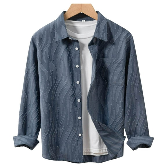 AnuYalue Mens Lapel Shirt Jackets Button Down Jacquard Shirts Casual Long Sleeve Tops Fashion Soild Color Outwear with Pocket