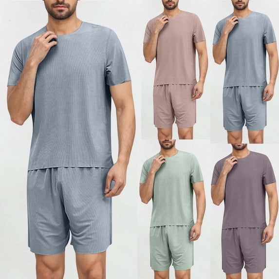 AnuYalue Mens Pajama Set Summer Short Sleeve Crew Neck Tee Shirts Elastic Waist Shorts Soft 2 Piece Loungewear Sleepwear