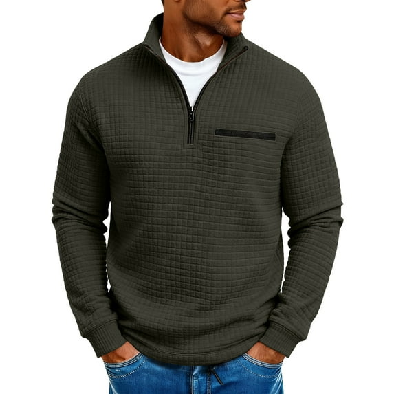 AnuYalue Mens Quarter Zip Pullover Mock Neck Quilted Sweatshirt Casual Long Sleeve T-Shirt Classic Fit Waffle Tops