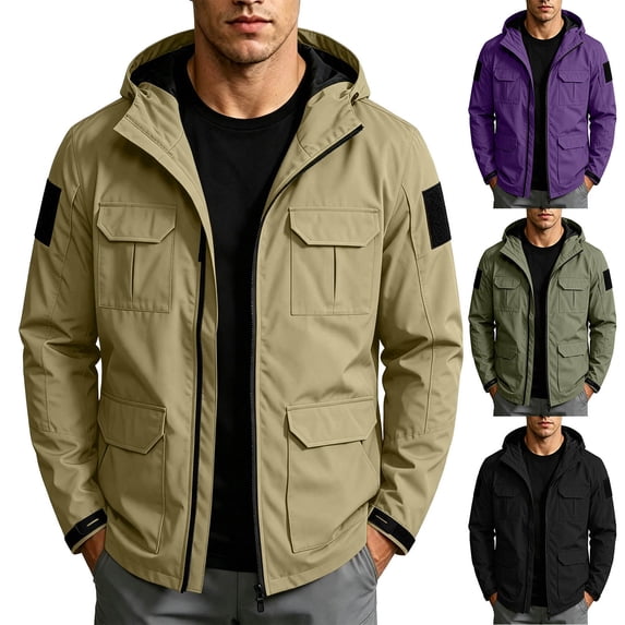 AnuYalue Mens Safari Jacket Full Zip Outdoor Cargo Jackets Casual Multi Pocket Hooded Coat Long Sleeve Fall Winter Outerwear