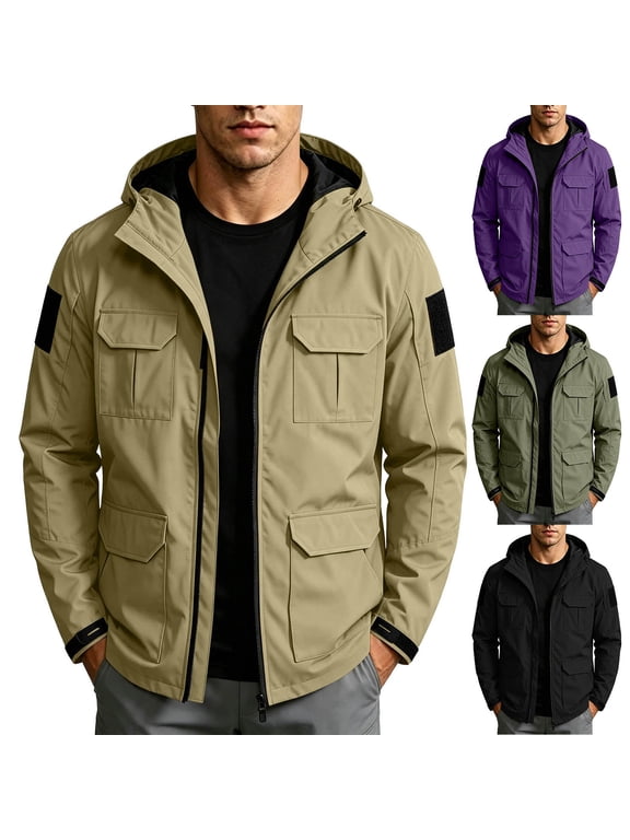 Mens Safari Jacket Full Zip Outdoor Cargo Jackets Casual Multi Pocket Hooded Coat Long Sleeve Fall Winter Outerwear