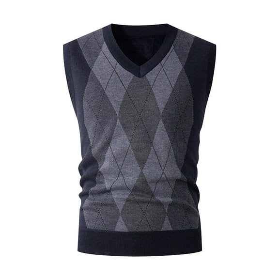 AnuYalue Mens Thick Argyle Vests Casual Warm V-Neck Knit Vest Fleece Relaxed Fit Fall Winter Sleeveless Sweaters