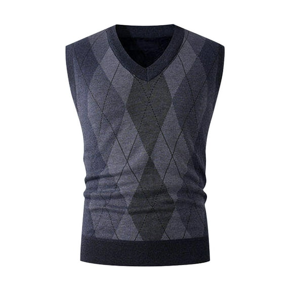 AnuYalue Mens Thick Argyle Vests Casual Warm V-Neck Knit Vest Fleece Relaxed Fit Fall Winter Sleeveless Sweaters