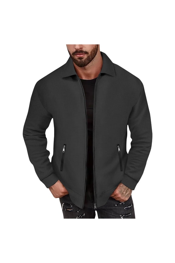 Mens Waffle Jackets Lightweight Zip Up Outerwear Solid Color Long Sleeve Lapel Jacket Fall Winter Coat with Pocket