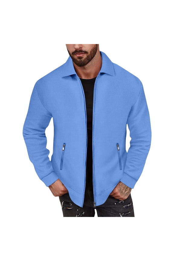 Mens Waffle Jackets Lightweight Zip Up Outerwear Solid Color Long Sleeve Lapel Jacket Fall Winter Coat with Pocket